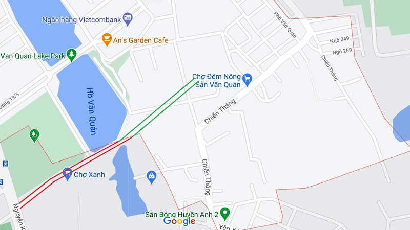 Sơ đồ tuyến đường từ Nguyễn Khuyến đến chợ đêm nông sản Văn Quán. Đoạn qua địa bàn phường Văn Quán màu xanh
